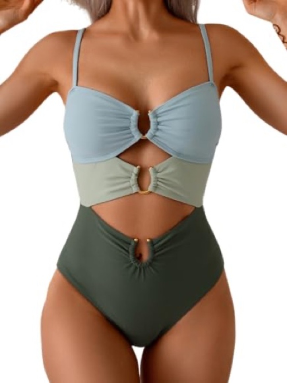 NWT Tricolor Cutout One-Piece Swimsuit in Light Blue, Sage & Olive